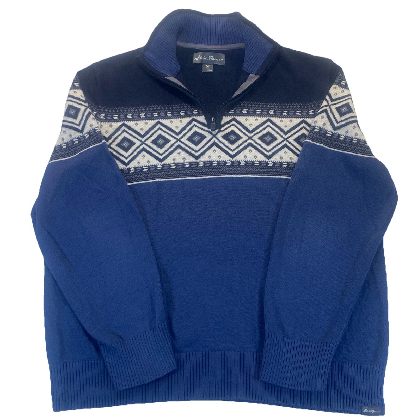 Eddie Bauer Sweater Mens L Navy Blue 1/4 Zip Pullover 100% Cotton